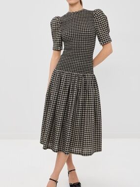 Tanner Fletcher NWT Plaid Puff-Sleeve Smocked Midi Dress in Black and Cream
